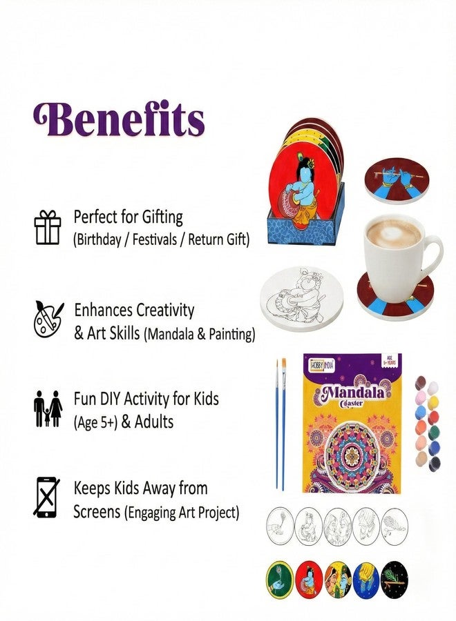 HOBBY INDIA DIY Mandala Coaster Art Craft Painting Kit Set for Kids & Adults | Pre-Marked Wooden MDF Materials, Gift for Boys & Girls, Home, Office, Activity, Coloring Tea Cup Table Birthday Kitchen (Krishna Mandala Costers) - Image 5